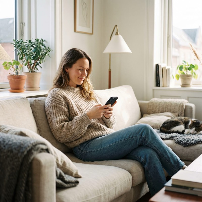 Kvinde svarer på mail på sin telefon hjemme i sofaen